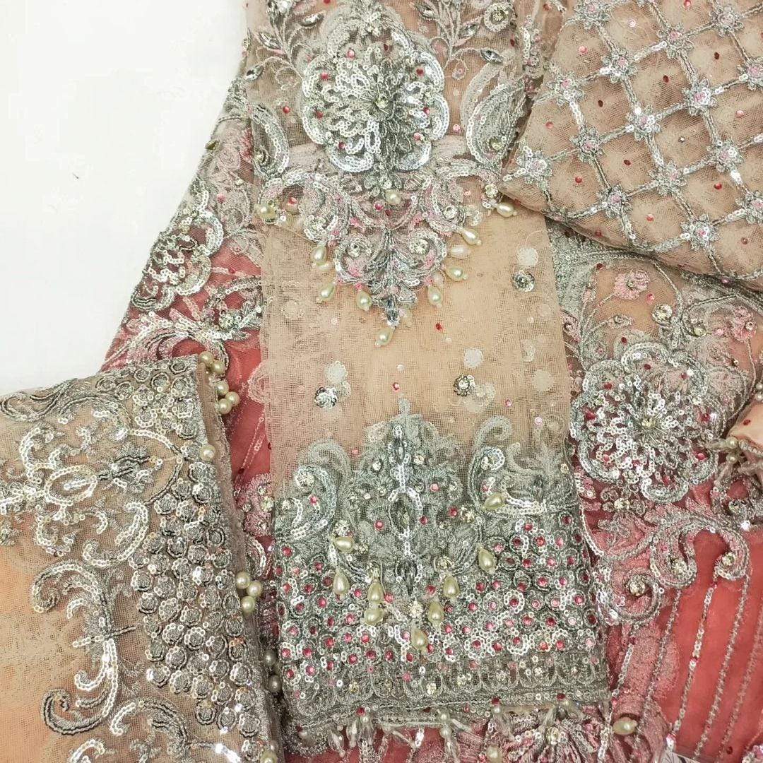 Pastel Pink Bridal Maxi Dress | Embroidered Net Gown with Dupatta