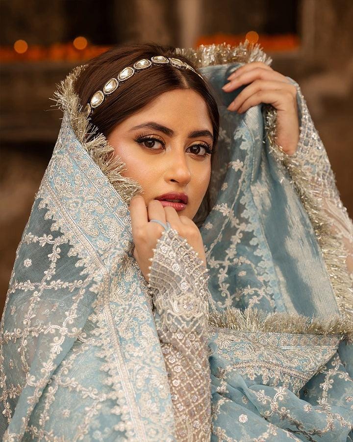 Powder Blue Embroidered Bridal Maxi Dress | Pakistani Wedding Outfit
