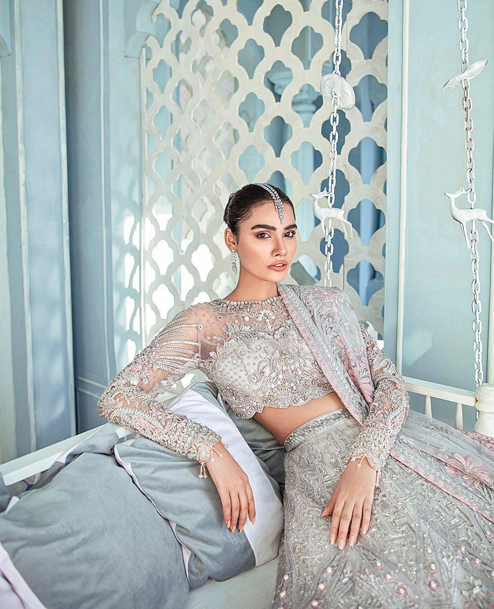 Silver Lilac Bridal Lehenga | Hand-Embroidered Pakistani Wedding Dress