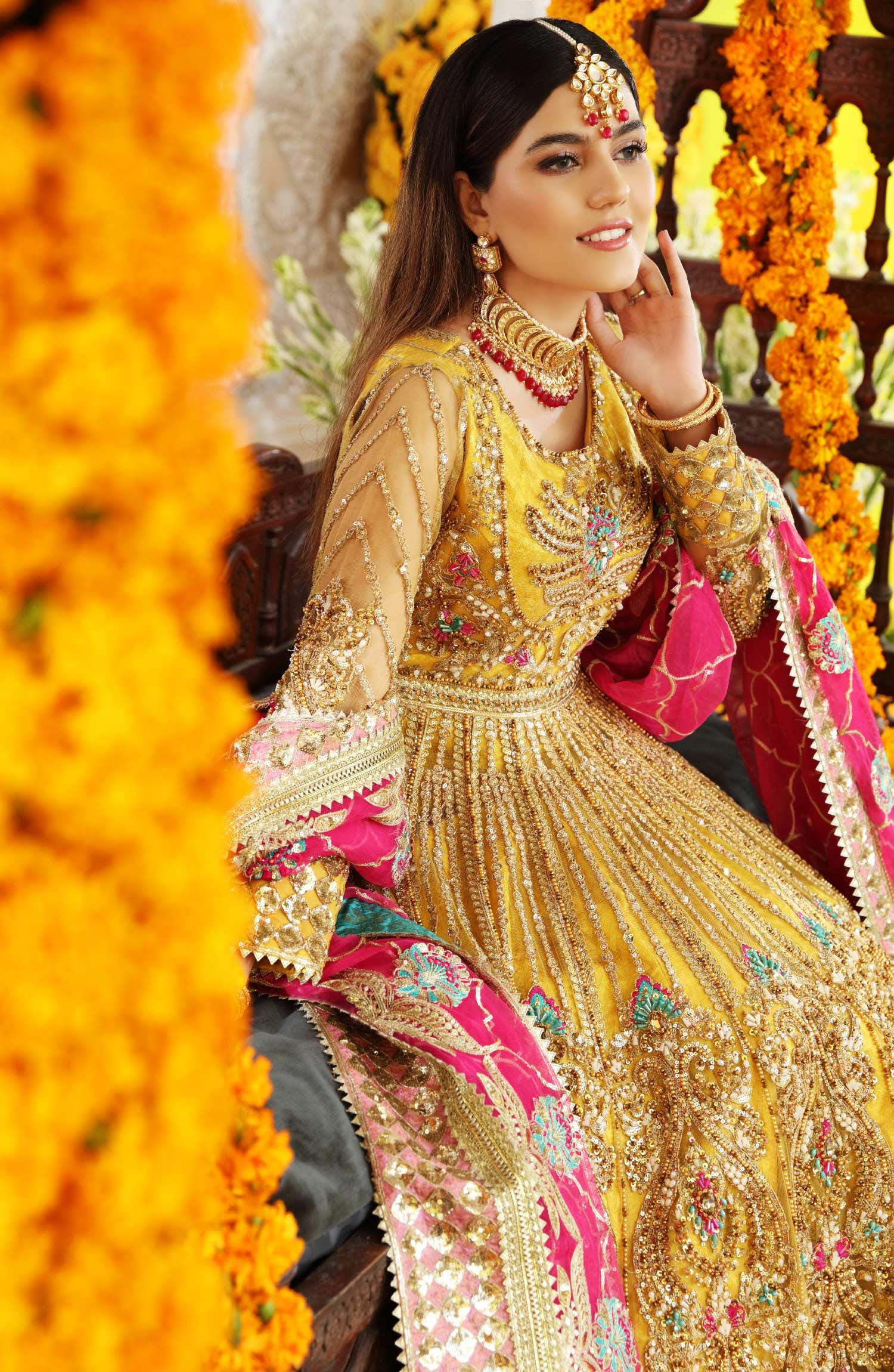 Yellow Bridal Lehenga, Gold Embroidered Pakistani Outfit with Dupatta