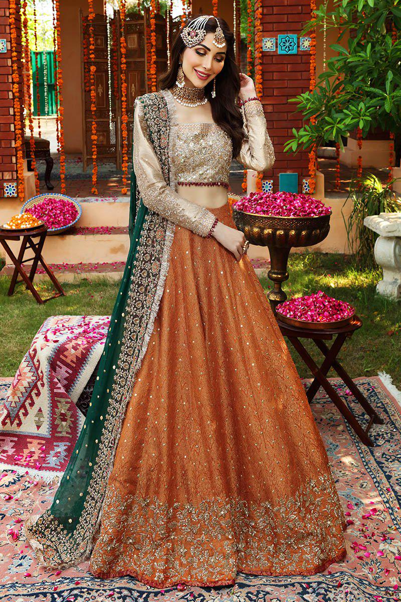 Rust Embroidered Lehenga with Green Dupatta | Pakistani Bridal Outfit