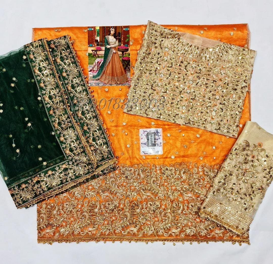 Rust Embroidered Lehenga with Green Dupatta | Pakistani Bridal Outfit