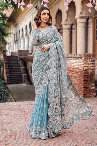 Bridal Net Saree with Heavy Embroidery, Pastel Blue Handwork, Custom Tailored Pakistani Wedding Wear