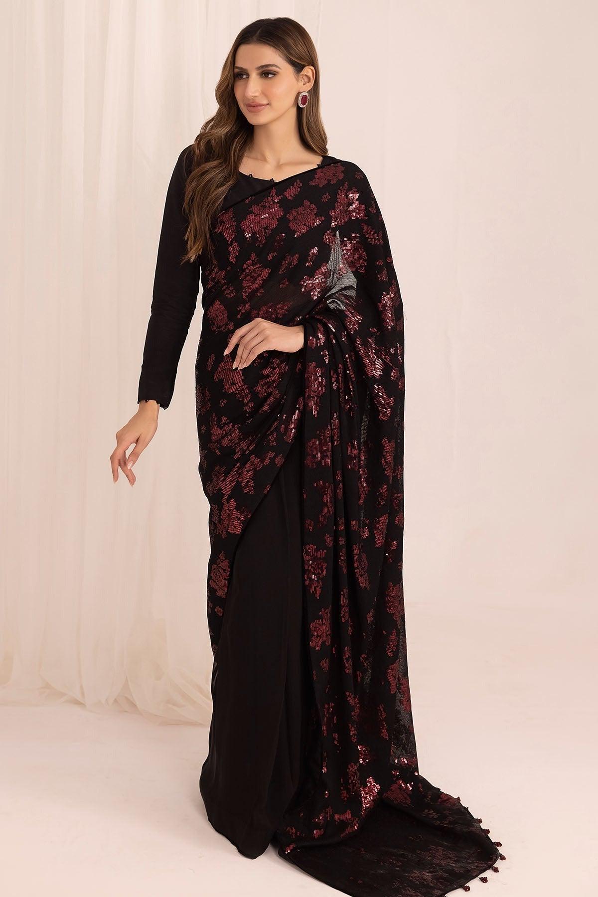 Black Sequin Saree | Party Wear Indian Sarie | Evening Reception Sari | Custom Stitched