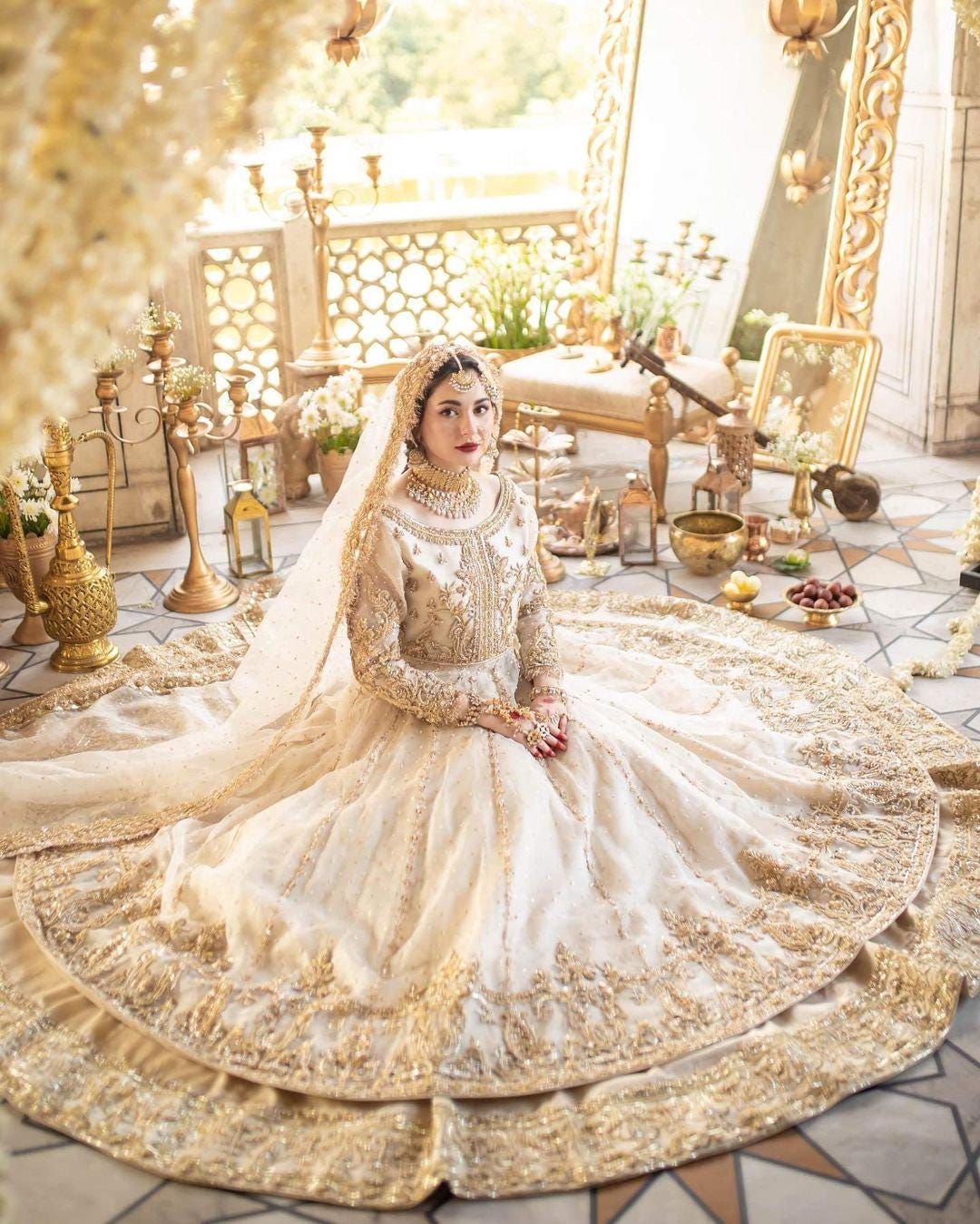Golden Bridal Lehenga | Heavy Embroidered Pakistani Wedding Dress | Custom Stitched Nikah Outfit