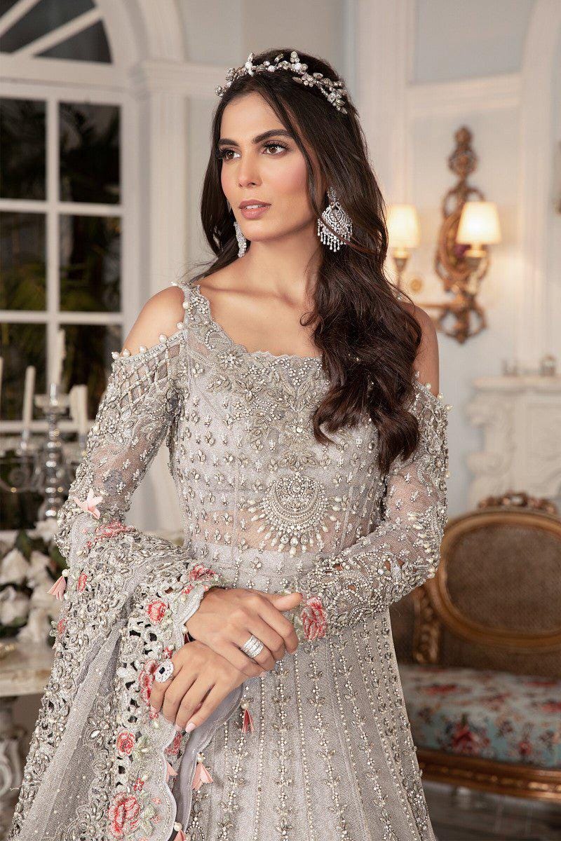 Luxury Silver Grey Heavy Embroidered Bridal Maxi Dress with Dupatta
