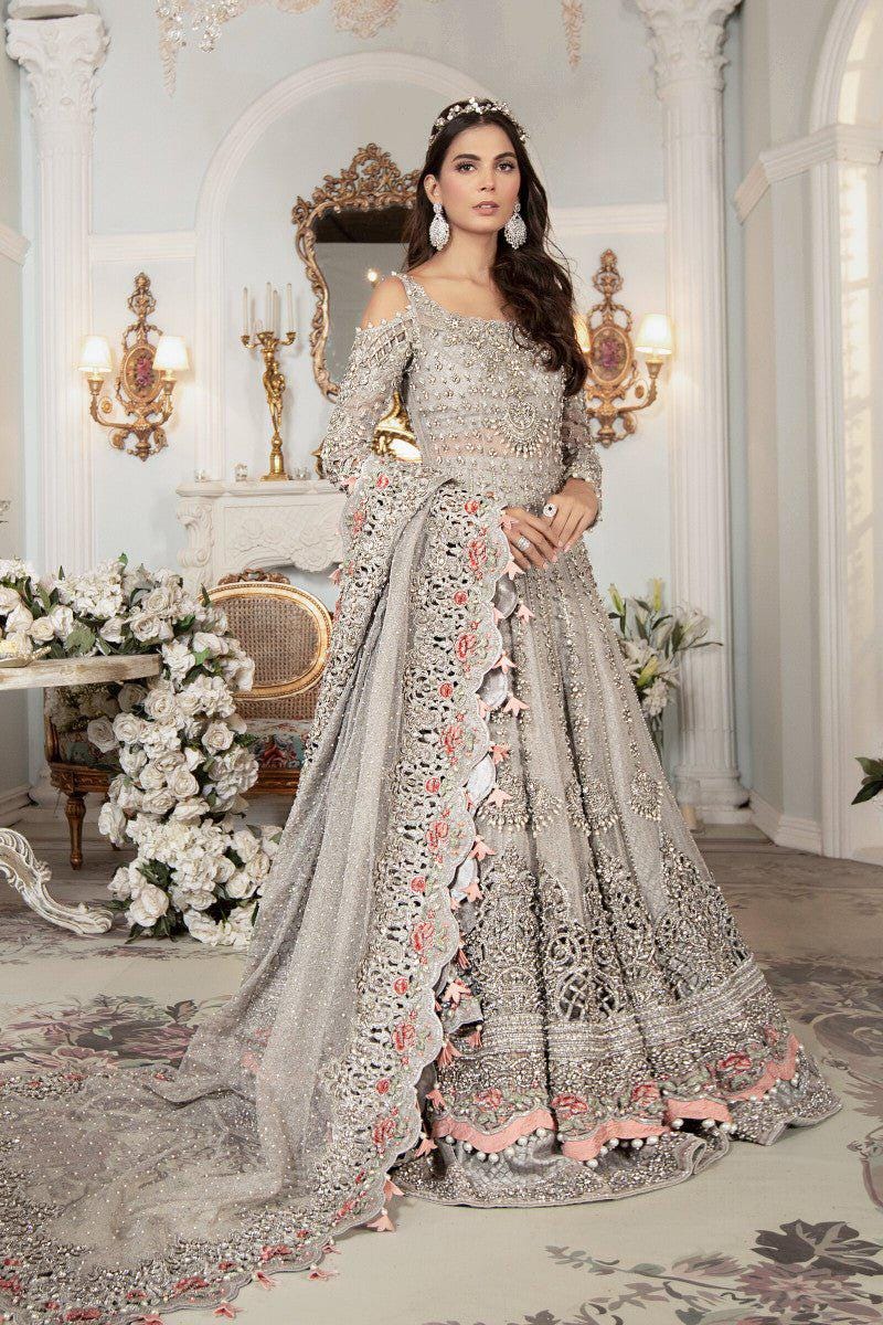 Luxury Silver Grey Heavy Embroidered Bridal Maxi Dress with Dupatta