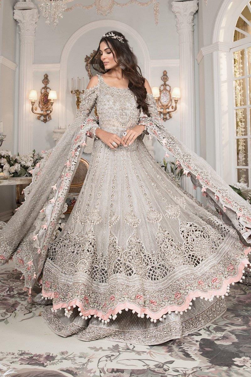 Luxury Silver Grey Heavy Embroidered Bridal Maxi Dress with Dupatta