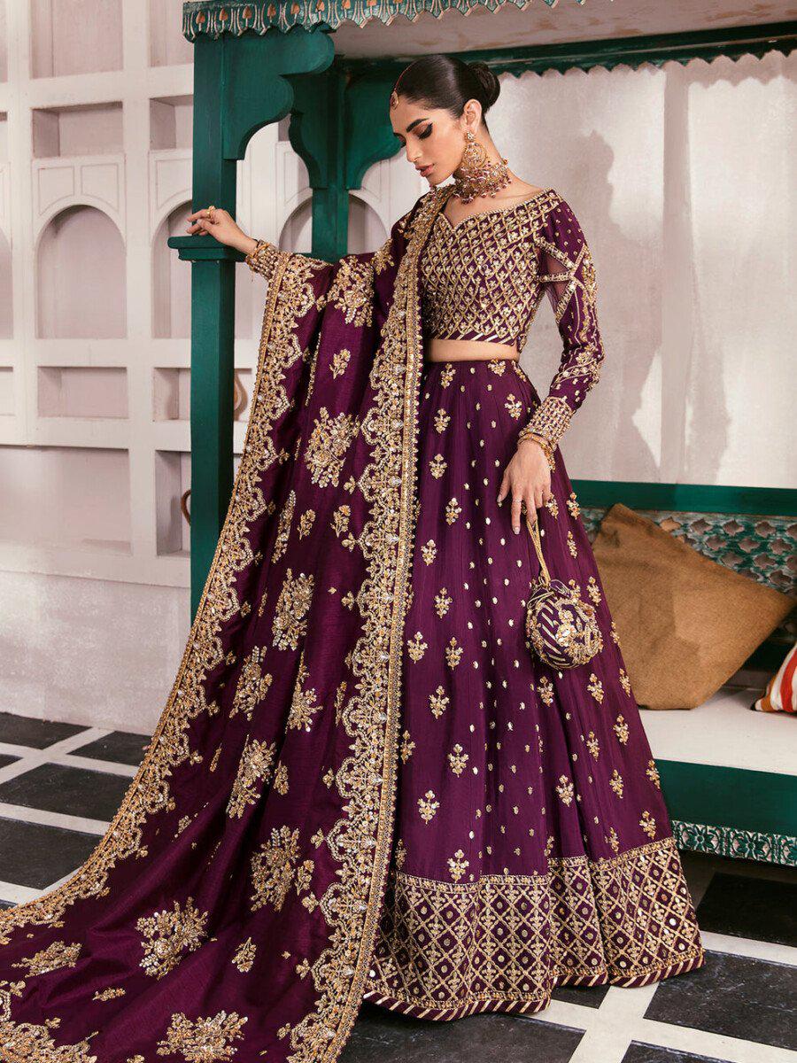 Royal Plum Bridal Lehenga with Heavy Gold Embroidery