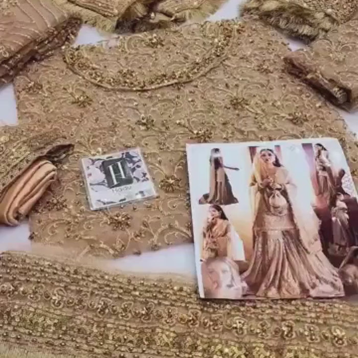 Hand-Embroidered Golden Bridal Sharara Dress – Pakistani Wedding Outfit