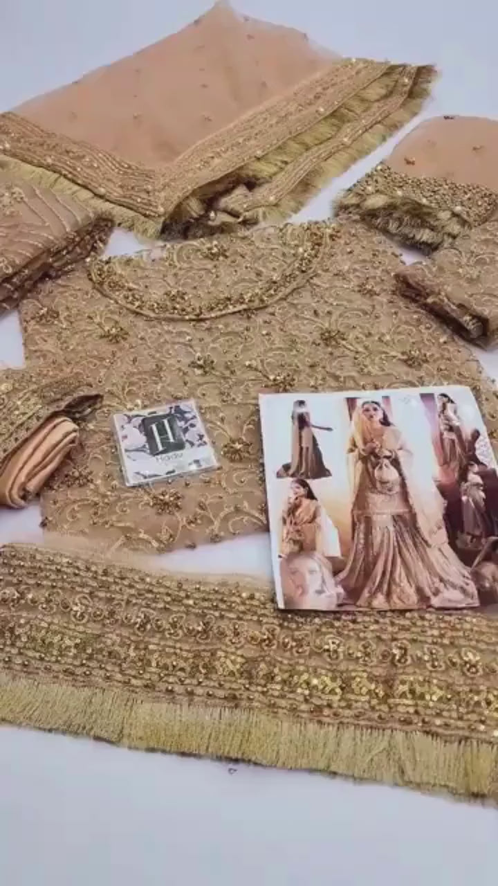 Hand-Embroidered Golden Bridal Sharara Dress – Pakistani Wedding Outfit