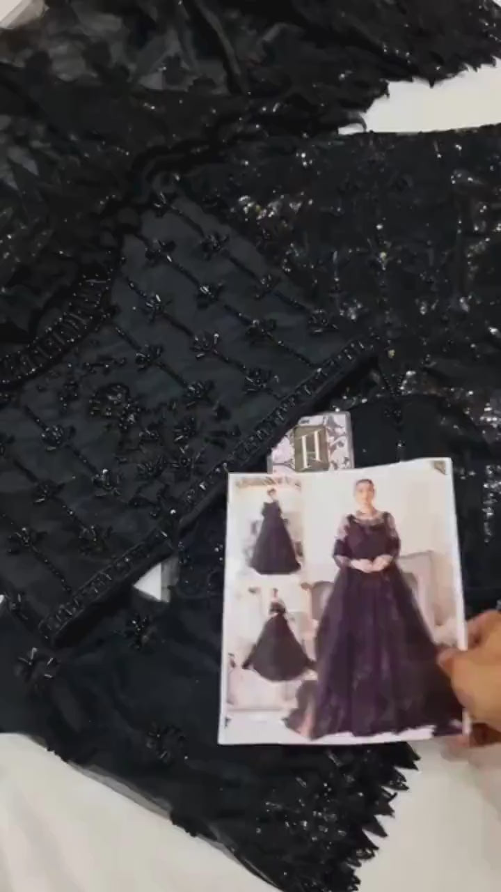 Black Embroidered Net Gown | Pakistani Maxi Dress with Dupatta