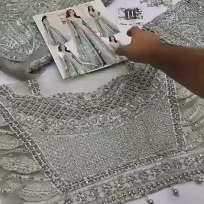 Hand-Embroidered Silver Bridal Maxi Dress – Pakistani Sequin Wedding Gown