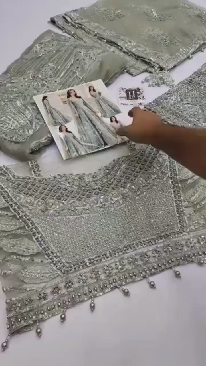 Hand-Embroidered Silver Bridal Maxi Dress – Pakistani Sequin Wedding Gown