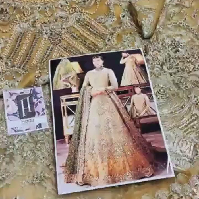 Golden Embroidered Pakistani Bridal Gown | Green Dupatta, Luxury Wedding Dress