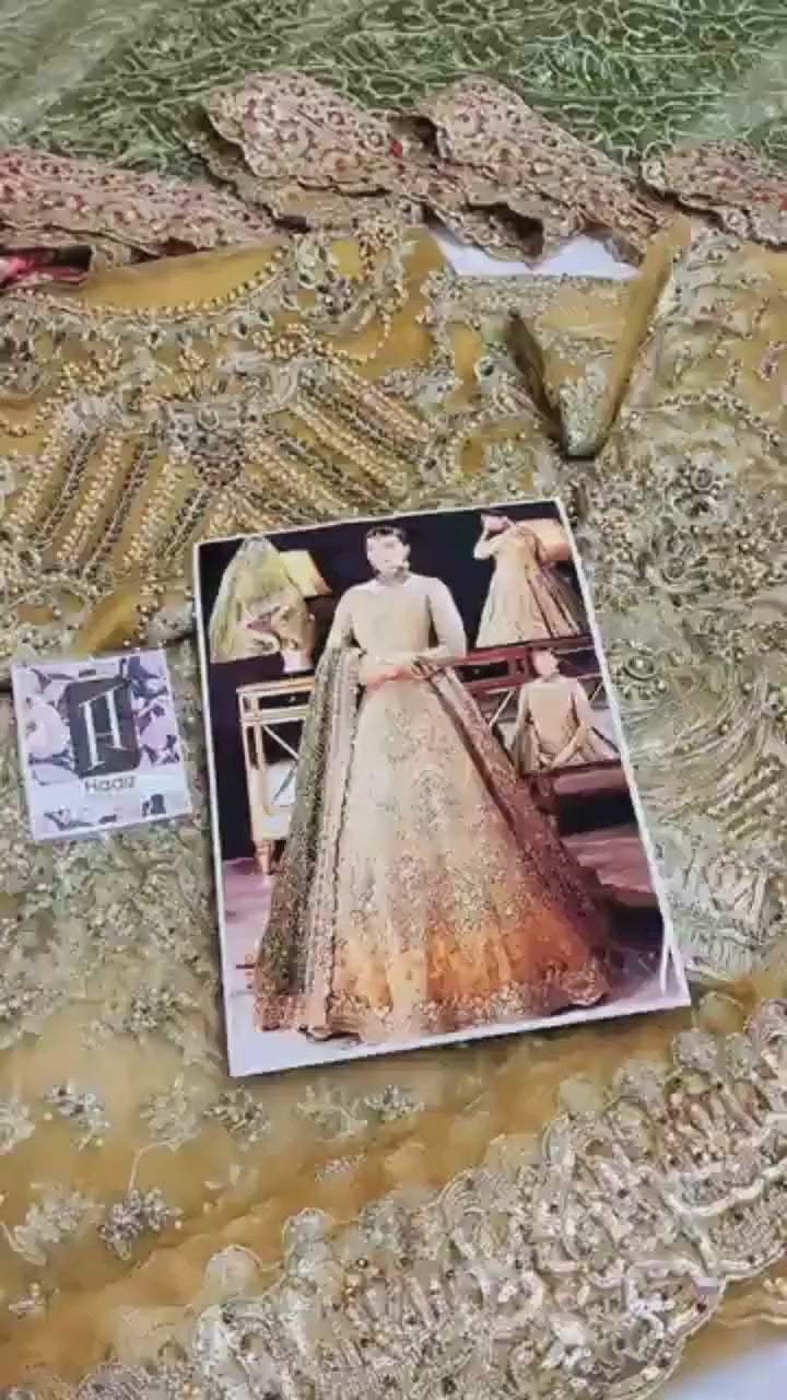 Golden Embroidered Pakistani Bridal Gown | Green Dupatta, Luxury Wedding Dress