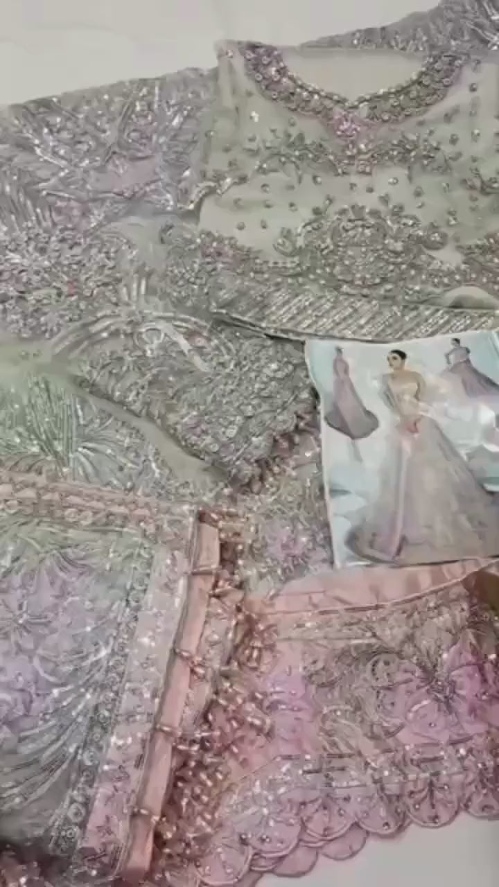 Silver Lilac Bridal Lehenga | Hand-Embroidered Pakistani Wedding Dress